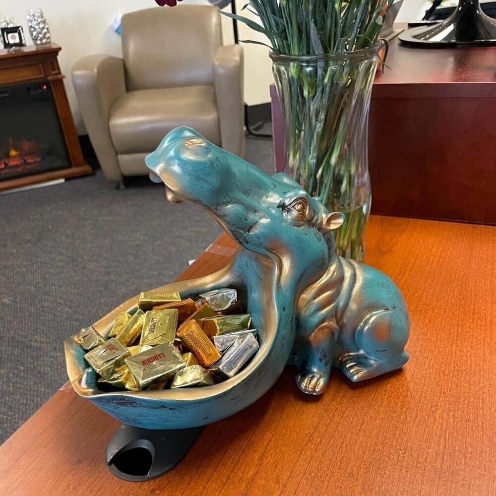 🆕Hippo Statue Home Resin Hippopotamus Figurine Candy Dish Sundries Container